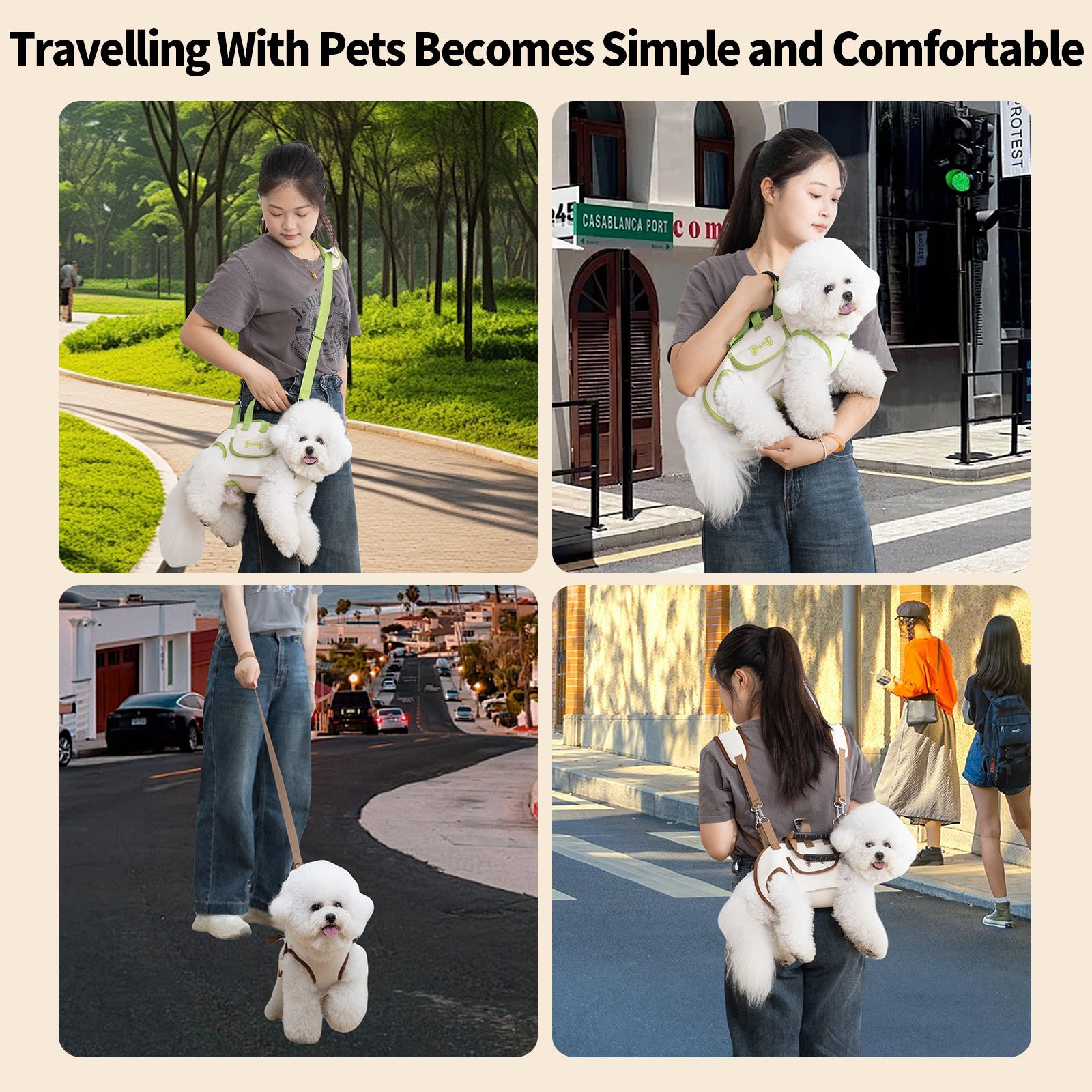 A collage demonstrating a versatile 4-in-1 pet carrier backpack, showing a woman carrying a small white dog in various modes: front-facing sling, hand-held, walking harness, and rear backpack.