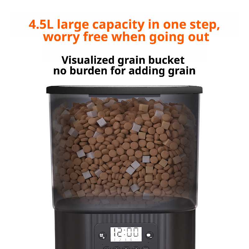 Smart automatic pet feeder with 4.5L large transparent grain bucket — allows easy refilling and visual monitoring of food level, ideal for travel or busy owners who want worry-free feeding.