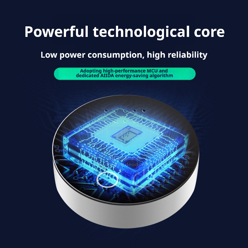 An electronic deodorizer featuring dual-mode operation — green light for intelligent sterilization and deodorization, blue light for deep manual mode. The device uses ozone (O₃) technology to eliminate odors and kill germs, suitable for pet areas, refrigerators, wardrobes, and cars. Its sleek circular design includes a touch-sensitive switch and indicator lights for easy operation.