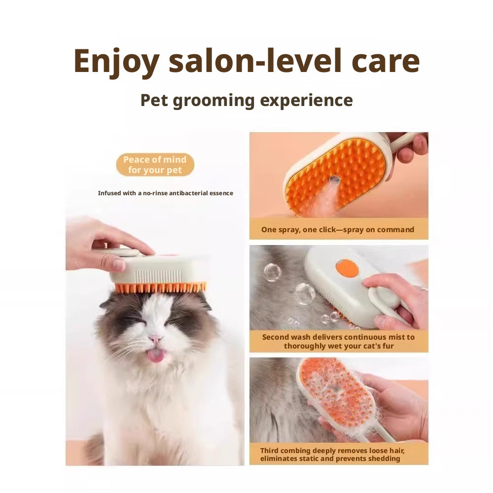Pet steam grooming brush in action: one-click spray, continuous mist for wetting fur, and deep combing to remove loose hair and static — ideal for cats and dogs