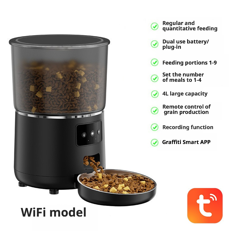 Black WiFi smart pet feeder with 4L capacity, supporting Tuya Smart APP for remote control, voice recording, and scheduled feeding (1-4 meals/day, 1-9 portions). Features dual power supply (battery/plug-in) for reliable operation.