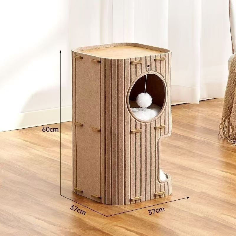 A modern, cylindrical cat tree tower made of light brown corrugated cardboard with a bamboo-like design. It features multiple levels including a top platform, an upper square condo, a middle round hole where a ginger cat is resting, and a bottom arched entrance with a white cushion. Dimensions: 90cm height, 37cm width, 37cm depth.