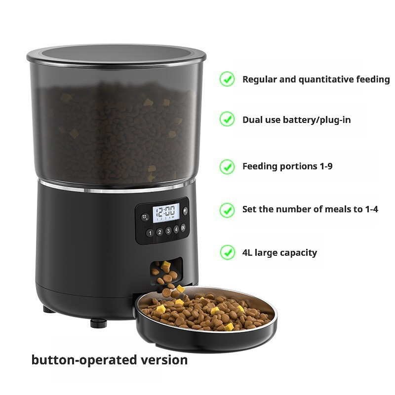 Black button-operated smart pet feeder with 4L large capacity, dual battery/plug-in power, timed feeding (1-4 meals/day), and adjustable portions (1-9) — shown dispensing kibble into a stainless steel bowl, ideal for busy owners or travel.