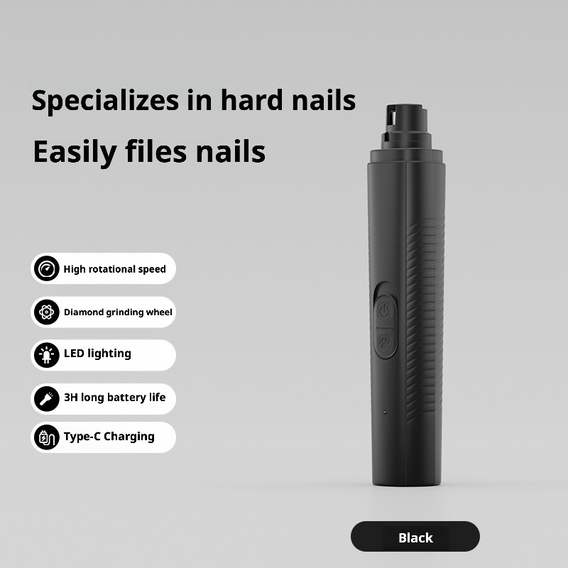 Black electric pet nail grinder with LED light and Type-C charging for dogs and cats
