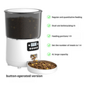 Button-operated smart pet feeder with 4L large capacity, dual battery/plug-in power, timed feeding (1-4 meals/day), and adjustable portions (1-9) — shown dispensing kibble into a bowl, ideal for busy owners or travel.