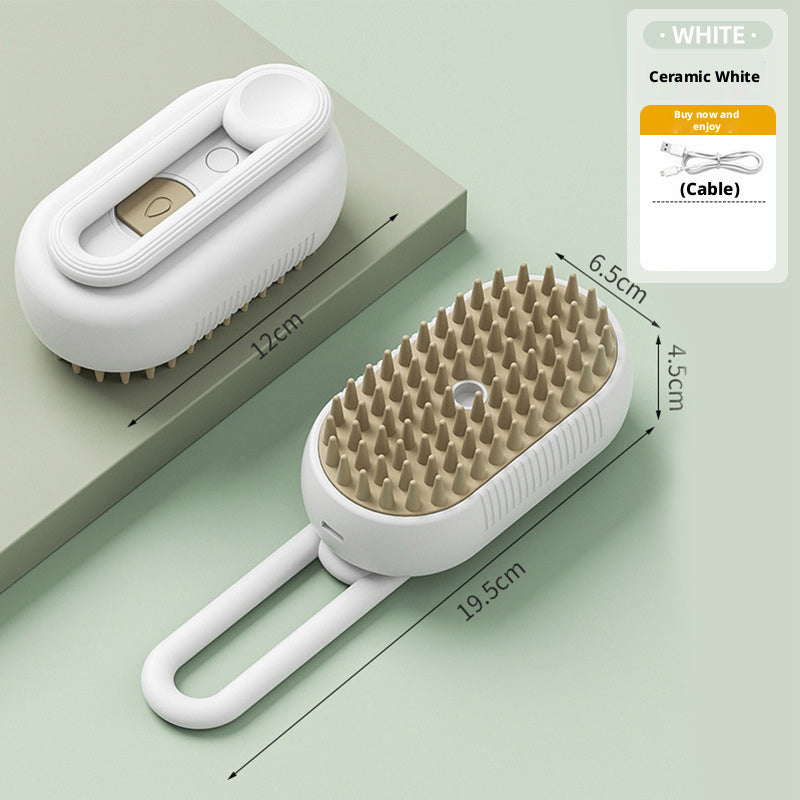 Ceramic white electric pet steam brush with beige silicone bristles and USB charging for cats and dogs