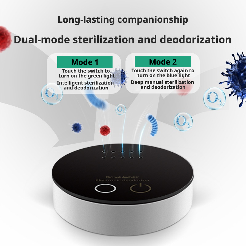 An electronic deodorizer featuring dual-mode operation — green light for intelligent sterilization and deodorization, blue light for deep manual mode. The device uses ozone (O₃) technology to eliminate odors and kill germs, suitable for pet areas, refrigerators, wardrobes, and cars. Its sleek circular design includes a touch-sensitive switch and indicator lights for easy operation.