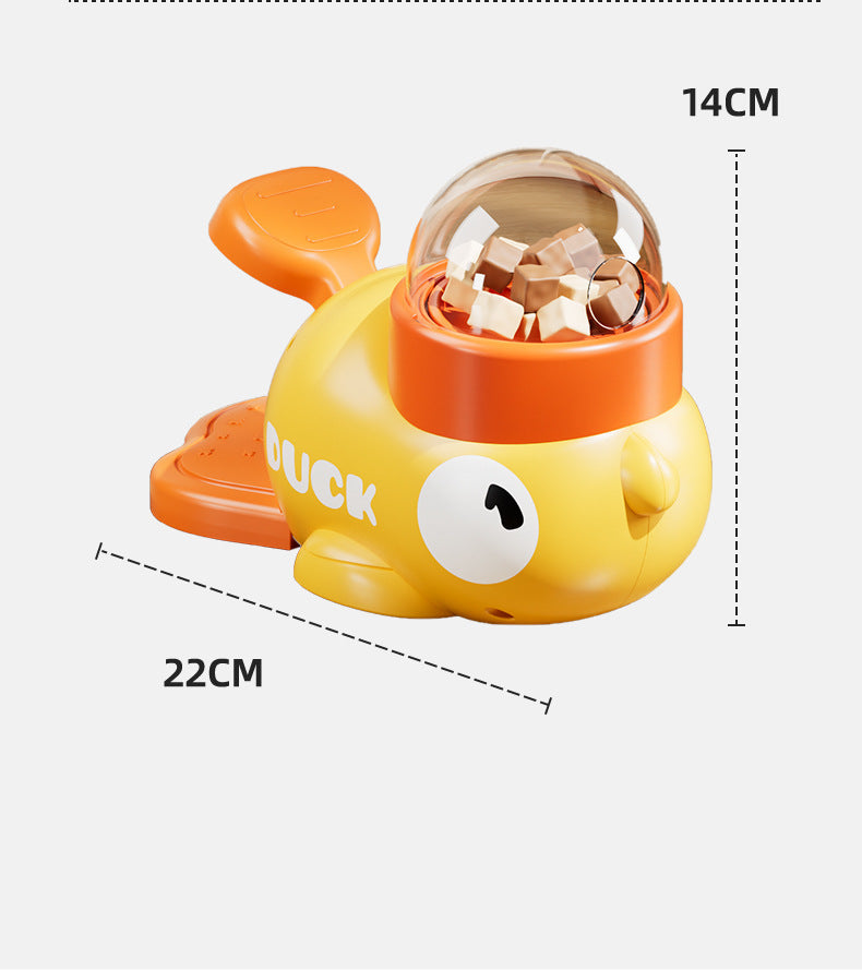 A playful yellow duck-shaped pet treat dispenser designed to hold pellet-type treats or cat food. When activated, it releases snacks randomly, encouraging interactive play and mental stimulation for cats. The transparent dome allows visibility of remaining treats, while the ergonomic design ensures safe, slow feeding to prevent choking or overeating. Ideal for keeping pets engaged and reducing loneliness during alone time.