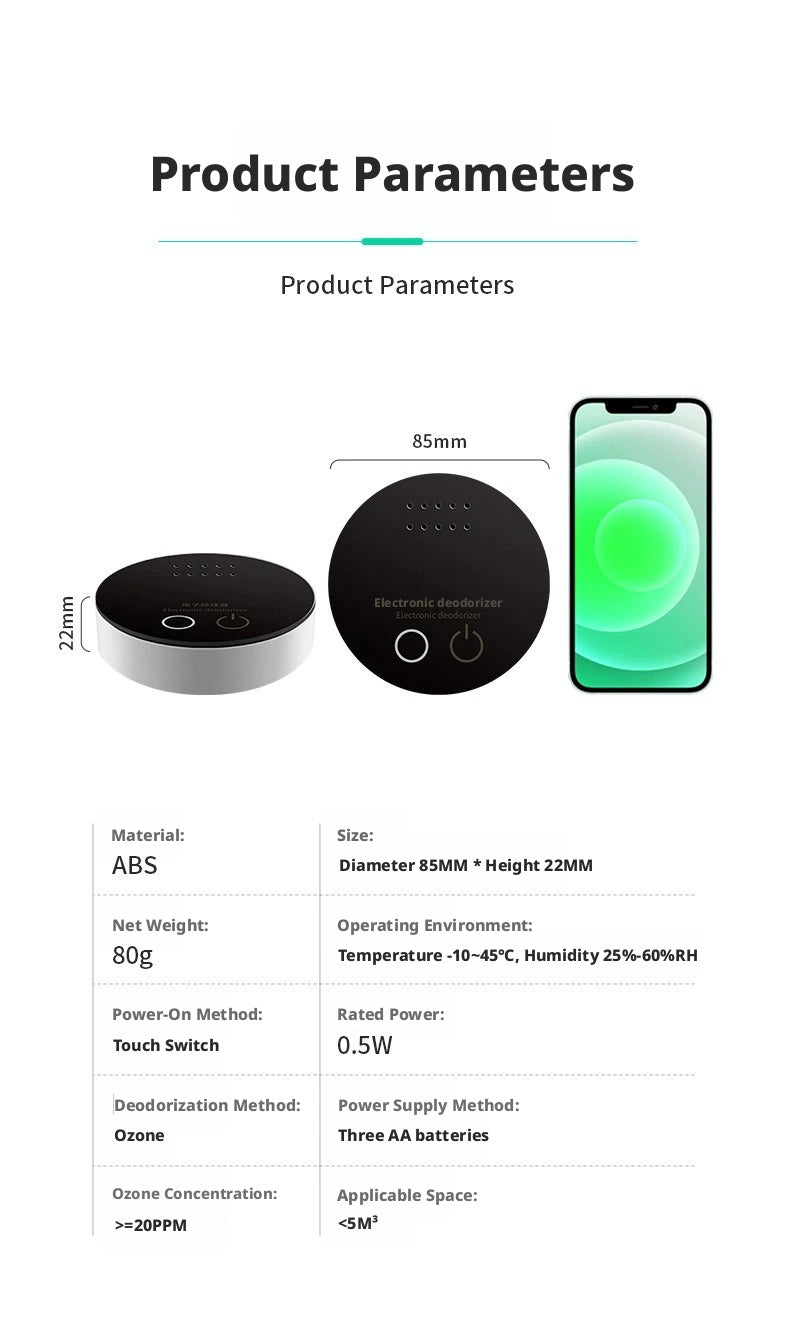 A detailed product parameters chart for an electronic deodorizer, featuring a compact circular design (85mm diameter × 22mm height) made of ABS material, weighing only 80g. It operates via touch switch, uses ozone for deodorization, requires three AA batteries, and is suitable for spaces under 5m³. The device functions within -10°C to 45°C and 25%-60% RH humidity, with a rated power of 0.5W and ozone concentration ≥20PPM. A smartphone is shown beside the device for scale reference.