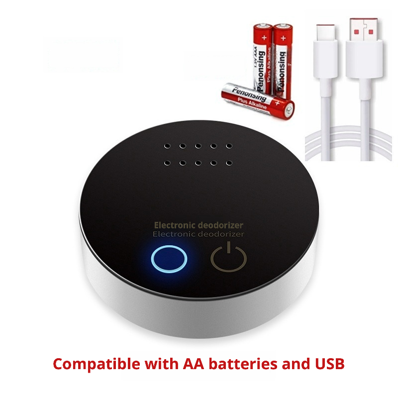 A detailed product parameters chart for an electronic deodorizer, featuring a compact circular design (85mm diameter × 22mm height) made of ABS material, weighing only 80g. It operates via touch switch, uses ozone for deodorization, requires three AA batteries, and is suitable for spaces under 5m³. The device functions within -10°C to 45°C and 25%-60% RH humidity, with a rated power of 0.5W and ozone concentration ≥20PPM. A smartphone is shown beside the device for scale reference.