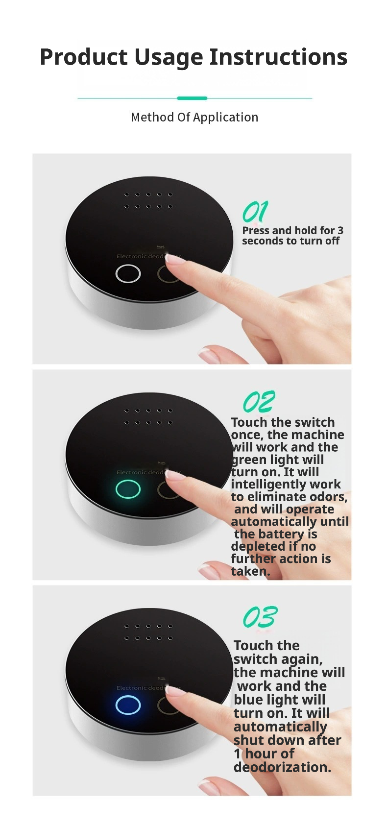 A step-by-step visual guide for operating an electronic deodorizer: Step 1 — Press and hold the touch switch for 3 seconds to power off; Step 2 — Tap once to activate intelligent mode (green light), which runs automatically until battery depletion; Step 3 — Tap again to enter deep manual mode (blue light), which shuts off after 1 hour. The device features a sleek black circular design with intuitive touch controls and color-coded indicators for user-friendly operation.