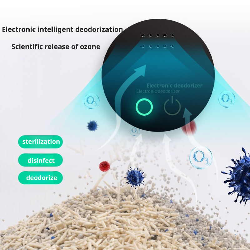 An electronic intelligent deodorizer that scientifically releases ozone (O₃) to sterilize, disinfect, and deodorize pet waste areas. The sleek black circular device features a power button and indicator light, designed for use near cat litter or dog pads. Visual elements include floating O₃ molecules and virus/bacteria icons to emphasize its germ-killing and odor-neutralizing capabilities.
