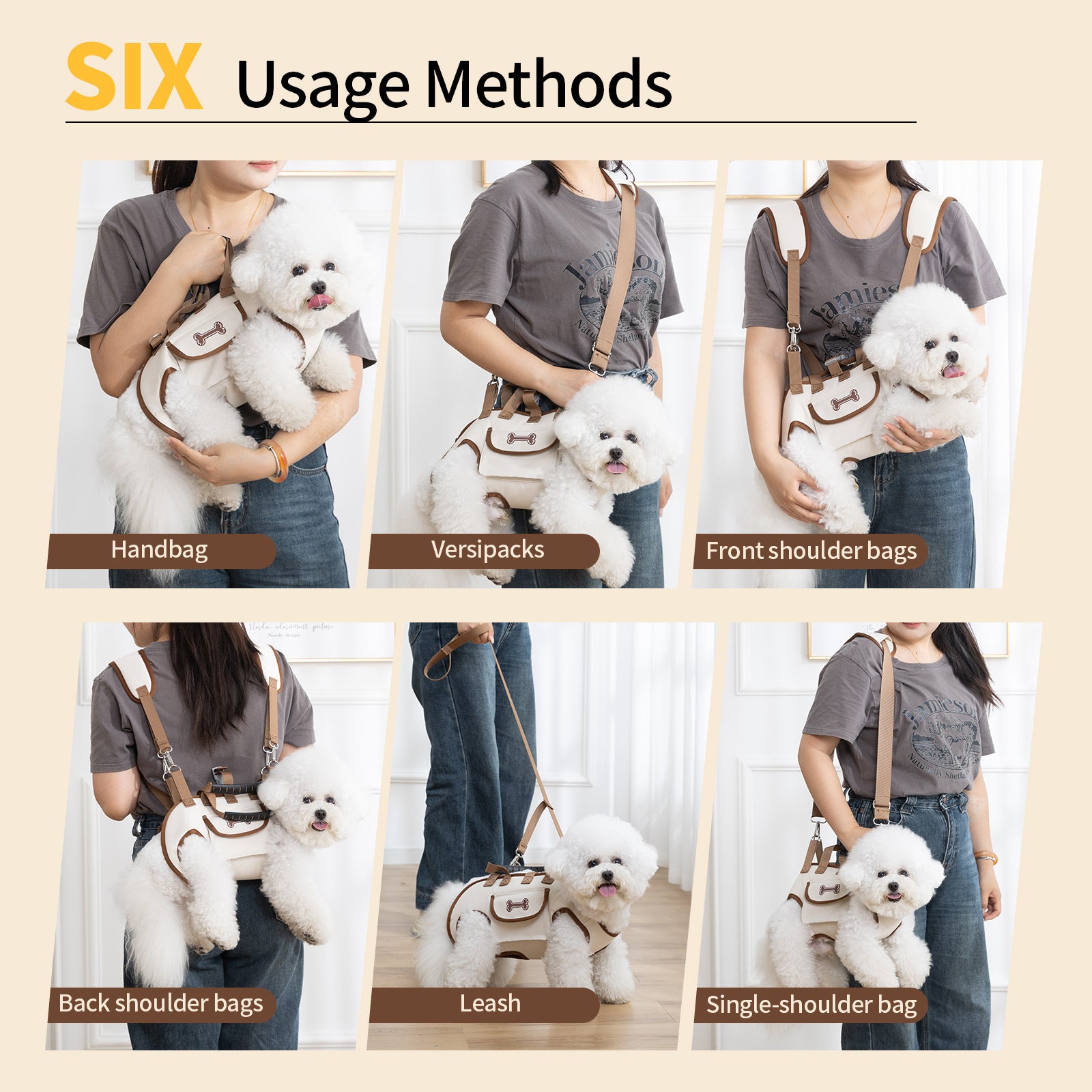 A versatile HIPIPET pet carrier designed for small dogs and cats, featuring six usage methods — handbag, crossbody, front shoulder bag, back shoulder bag, leash, and single-shoulder bag. The beige canvas body with brown trim includes a front pocket with brand logo for storing treats or essentials, while the included adjustable harness and leash ensure secure attachment during transit. Ideal for vet visits, park outings, or travel, this lightweight bag prioritizes comfort and safety.