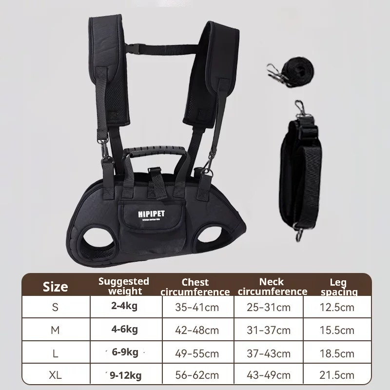 Concise Description: The HIPIPET black portable pet carrier supports hand-carry, crossbody, and shoulder wear. It includes an adjustable leash and a detailed size chart (S-XL), suitable for small dogs and cats weighing 2-12kg for convenient and safe outings.