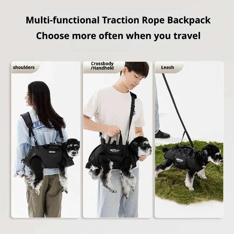 A versatile HIPIPET pet carrier designed for small dogs and cats, featuring a crossbody sling style with multiple carrying options — hand-held, shoulder-strapped, or worn across the body. The black canvas body includes a front pocket with brand logo for storing treats or essentials, while the included adjustable harness and leash ensure secure attachment during transit. Ideal for vet visits, park outings, or travel, this lightweight bag prioritizes comfort and safety.