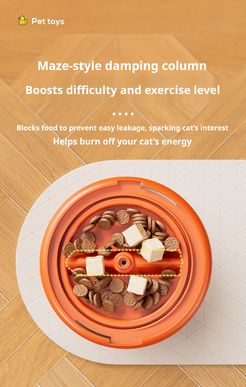 A maze-style pet treat dispenser designed to boost difficulty and exercise level for cats. The internal damping column blocks food from easy leakage, encouraging interactive play and mental stimulation. Ideal for burning off excess energy and preventing boredom, this toy combines feeding with fun in a compact, engaging design.