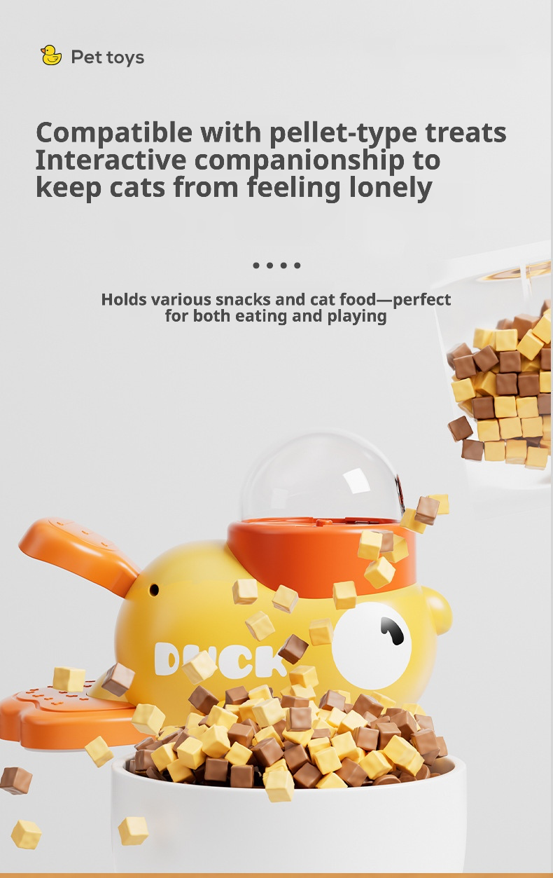 A playful yellow duck-shaped pet toy designed to hold pellet-type treats or cat food. When activated, it releases snacks randomly, encouraging interactive play and mental stimulation for cats. The transparent dome allows visibility of remaining treats, while the ergonomic design ensures safe, slow feeding to prevent choking or overeating. Ideal for keeping pets engaged and reducing loneliness during alone time.