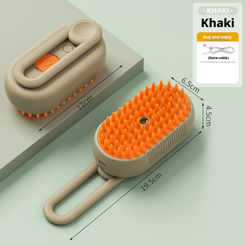 Khaki electric pet steam brush with orange silicone bristles and USB charging for cats and dogs