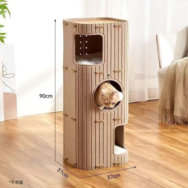 A modern, cylindrical cat tree tower made of light brown corrugated cardboard with a bamboo-like design. It features multiple levels including a top platform, an upper square condo, a middle round hole where a ginger cat is resting, and a bottom arched entrance with a white cushion. Dimensions: 90cm height, 37cm width, 37cm depth.