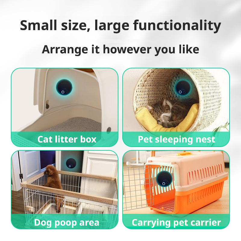 A compact electronic pet deodorizer designed for versatile use across multiple pet environments — including cat litter boxes, sleeping nests, dog poop areas, and carrying carriers. The device emits a soft blue glow to indicate active operation, emphasizing its smart, space-saving design that can be arranged freely to suit any pet owner’s needs.