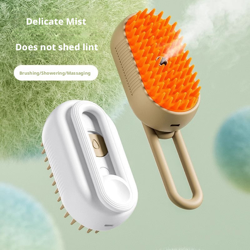 Two pet spray massage combs (white & beige with orange silicone bristles) — sprays delicate mist to prevent hair flyaways, removes loose fur without lint, and massages skin during brushing/showering.