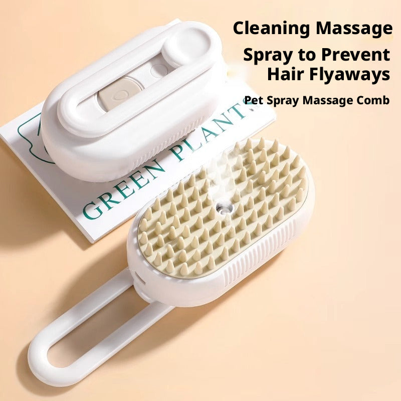 White pet spray massage comb with soft silicone bristles — cleans fur, massages skin, and sprays mist to prevent hair flyaways and static.