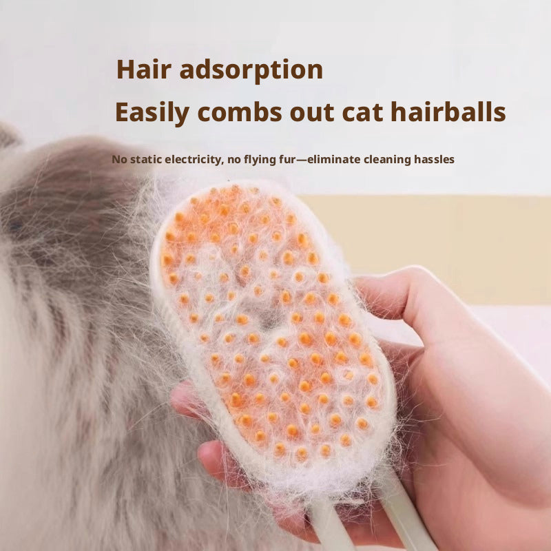 Pet steam brush showing hair adsorption — easily combs out cat hairballs with no static or flying fur, eliminating cleaning hassles