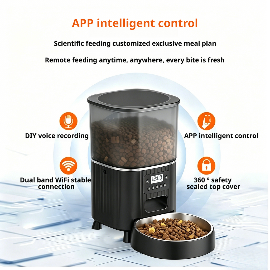 Smart automatic pet feeder with app control, DIY voice recording, dual-band WiFi, and 360° sealed top cover — features a stainless steel bowl filled with kibble, enabling remote feeding anytime for fresh meals.
