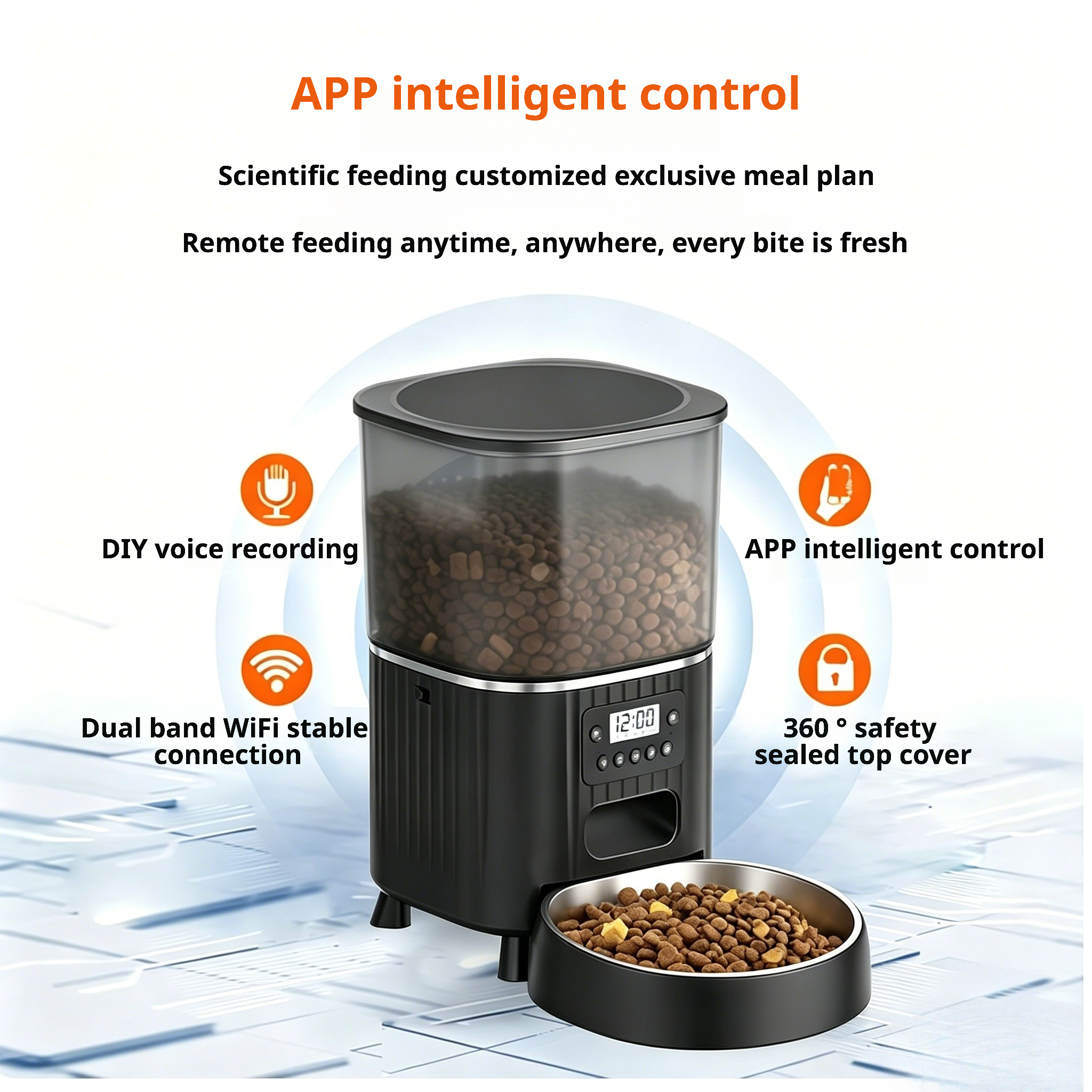 Smart automatic pet feeder with app control, DIY voice recording, dual-band WiFi, and 360° sealed top cover — features a stainless steel bowl filled with kibble, enabling remote feeding anytime for fresh meals.