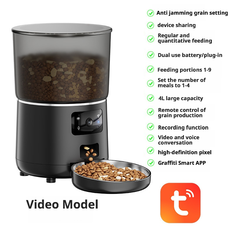 Black smart pet feeder with HD camera and video model features. Supports Tuya Smart APP for remote control, two-way voice conversation, and scheduled feeding (1-4 meals/day, 1-9 portions). Includes anti-jamming design, 4L capacity, and dual power supply (battery/plug-in) for reliable operation.