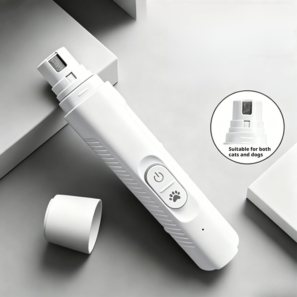 White electric pet nail grinder suitable for both cats and dogs. Features a power button and paw-print function key, with a detachable safety grinding head (shown in close-up). Designed for low-noise operation to reduce pet anxiety, USB rechargeable for portability, and anti-slip grip for secure handling during grooming sessions. Ideal for home pet care to trim claws safely without hurting paws.