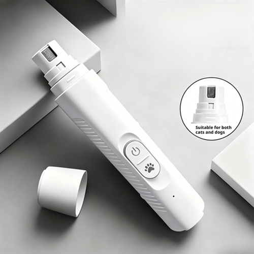 White electric pet nail grinder suitable for both cats and dogs. Features a power button and paw-print function key, with a detachable safety grinding head (shown in close-up). Designed for low-noise operation to reduce pet anxiety, USB rechargeable for portability, and anti-slip grip for secure handling during grooming sessions. Ideal for home pet care to trim claws safely without hurting paws.