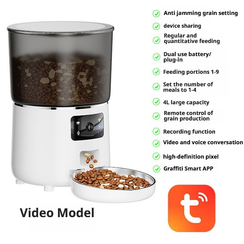White smart pet feeder with HD camera and video model features. Supports Tuya Smart APP for remote control, two-way voice conversation, and scheduled feeding (1-4 meals/day, 1-9 portions). Includes anti-jamming design, 4L capacity, and dual power supply (battery/plug-in) for reliable operation.