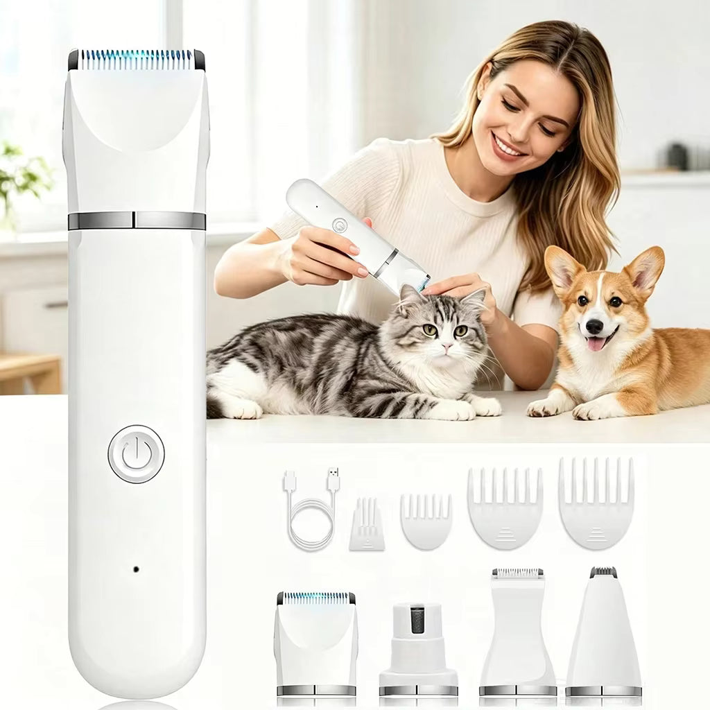 white color 4‑in‑1 pet clipper complete accessories flat lay product photo