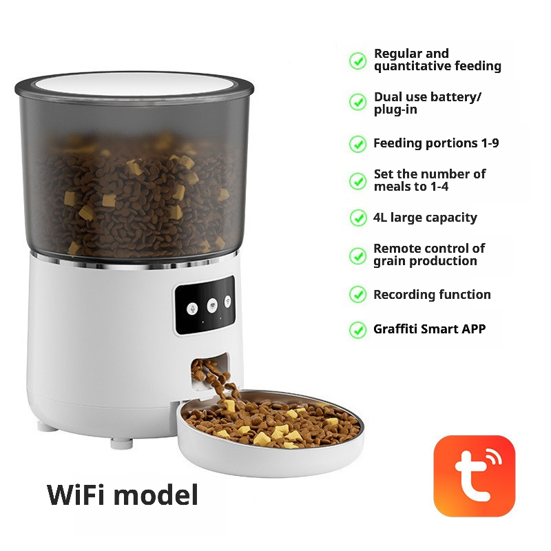 White WiFi smart pet feeder with 4L capacity, supporting Tuya Smart APP for remote control, voice recording, and scheduled feeding (1-4 meals/day, 1-9 portions). Features dual power supply (battery/plug-in) for reliable operation.